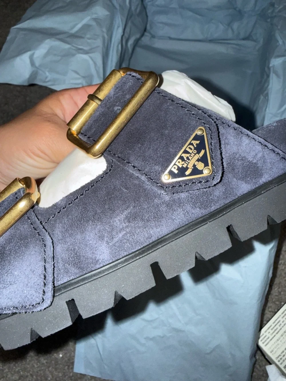 Prada Navy Suede Double-Buckle Slide Sandals with Gold Hardware - Picture 4 of 8